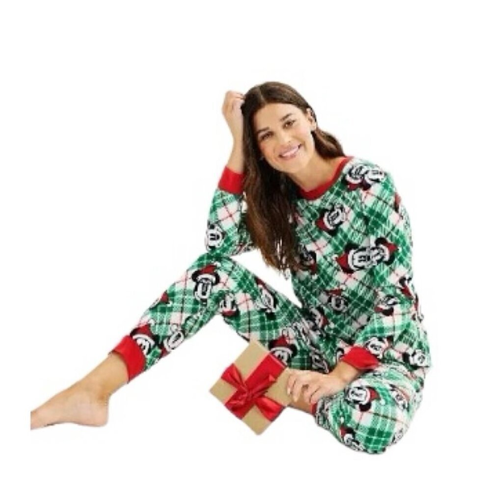 Disney Mickey Mouse Womens Red Green Plaid Fleece Pajamas 2 Pc Sets Sz M New